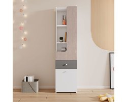 Pugsdrly Grote boekenkast, plank voor tieners met L-deur, met lade, opbergkasten, scharnierende deuren, met vierkante metalen knoppen, MDF, wit + licht iepenhoutkleur + grijs