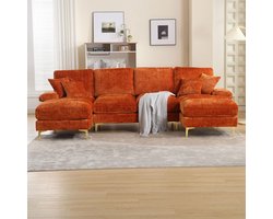 Pugsdrly Grote moderne hoekbank in chenille met dubbele zitplaats die kan worden omgevormd tot bed voor de woonkamer, slaapkamer, kantoor, appartement, villa, salon bij de open haard, oranje