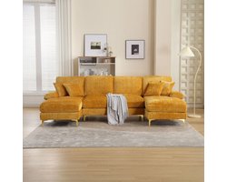 Pugsdrly Grote moderne hoekbank in chenille met dubbele zitplaats die kan worden omgevormd tot bed voor de woonkamer, slaapkamer, kantoor, appartement, villa, salon bij de open haard, mosterd