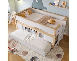 Pugsdrly Halfhoog bed, 90 x 200 cm, bed met uitschuifbed, kinderbed, stapelbed, meerdere opbergvakken, zonder matras, wit + naturel