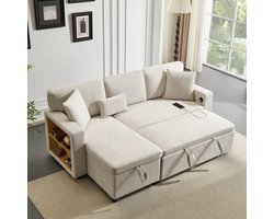 Pugsdrly Hoekbank Hoekbank L-vormige bank Slaapbank, opbergkist en geïntegreerde plank, wit