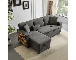 Pugsdrly Hoekbank Hoekbank L-vormige bank Uitschuifbare slaapbank, opbergkist en geïntegreerde plank, donkergrijs