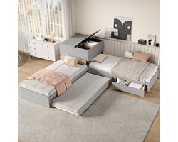 Pugsdrly Hoekbed, twee eenpersoonsbedden met uitschuifbed, gestoffeerd bed, functioneel bed met opbergruimte, met opbergkast, met opberglade, met uitschuifbed, 90x200 cm, zonder matras, linnen, grijs