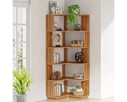 Pugsdrly Hoekboekenkast met 6 planken, industriële hoekrek van 165 cm hoog met valbeveiliging, vrijstaande rek met houtnerf, opbergrek voor thuiskantoor, woonkamer