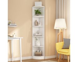 Pugsdrly Hoekboekenkast, plank, opbergplank, MDF-materiaal, plank met vijf etages, eenvoudige vorm, hoog draagvermogen, wit