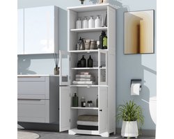Pugsdrly hoge badkamerkast 57,4 x 28,4 x 162,5 cm wit geheel gelakt vochtbestendig met glazen en houten deuren open vakken verstelbare inlegplaten eenvoudige structuur