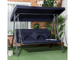 Pugsdrly Hollywoodschommel tuinschommel, 3 personen, verstelbaar zonnescherm, 198 x 118 x 168 cm, donkerblauw