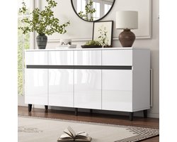 Pugsdrly Hoogglans dressoir, ladekasten, highboard, ladekasten met 4 lades, 2 deuren en in hoogte verstelbare planken, hoogglans dressoir, hoogglans onderkasten, hoekkasten