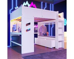 Pugsdrly Hoogslaper, 140 x 200 cm, gamingbed met bureau, voorzien van ledverlichting, 1 USB-poort, 1 Type-C-poort, ladder, bureau, lade, wasrek, zonder matras, wit