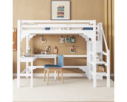 Pugsdrly Hoogslaper, 140*200 cm, stijlvol L-vormig bureau, grenenhout, open kledingkast, minimalistische stijl, wit