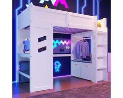 Pugsdrly Hoogslaper, 90 x 200 cm, gamingbed met bureau, uitgerust met ledverlichting, 1 USB-poort, 1 Type-C-poort, ladder, bureau, lade, wasrek, zonder matras, wit