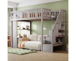 Pugsdrly Hoogslaper 90 x 200 cm Kinderhoogslaper Houten bed Functioneel bed Grijs Met opbergtrap Met meerdere grote opbergvakken Geschikt als kinderbed of jeugdbed Zonder matras