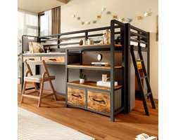 Pugsdrly Hoogslaper 90 x 200 cm met bureau, opbergruimte en stoffen lades, metalen kinderbed met gordijn, meerlaagse plank en LED-verlichting, zwart