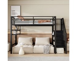 Pugsdrly Hoogslaper, 90*200 cm, planken, opbergladder, vrije ruimte onder het bed om te kleden, veiligheidshek, zonder matras, zwart