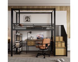 Pugsdrly Hoogslaper, ijzeren bed, ijzer + MDF, trap met kledingrek en opbergvakken, acrylraam met magneten, vrije indeling van de onderverdieping, zwart + naturel