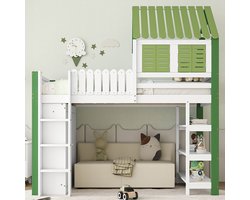 Pugsdrly Hoogslaper, kinderbed met veiligheidshek, met dak en raam, grote opbergruimte met kast, open plank met drie niveaus, ladder met drie treden, grenen + MDF + multiplex, wit + groen, 90 x 200 cm