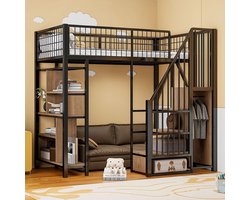 Pugsdrly Hoogslaperbed 90x200 cm Multifunctioneel, Metalen Bed met Opbergruimte, Planken en Trap, Geschikt voor Volwassenen en Kinderen, Zwart, Zonder Matras