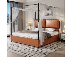 Pugsdrly Hoogwaardig bed in luxueuze en lichte stijl, afmetingen 180*200, met twee zachte lederen kussens, metalen frame, uitgerust met 4 afneembare lattenbodems voor dubbel gebruik, zonder springverenmatras.