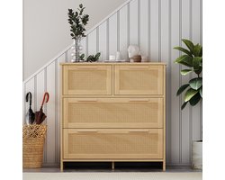 Pugsdrly Hoogwaardige rotan kast met 4 laden en handgrepen van massief hout - geschikt voor de slaapkamer, woonkamer, eetkamer, gang - afmetingen: B80/H80/D38 cm