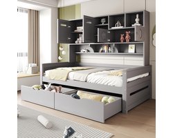 Pugsdrly Houten slaapbank 90 x 200 cm, multifunctionele opbergruimte, grote lade, eenpersoonsbed, bed voor tieners, lattenbodem, grijs (zonder matras)