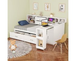 Pugsdrly Houten slaapbank 90 x 200 cm, multifunctionele opbergruimte, verborgen opbergvakken en planken, 2 grote lades, multifunctioneel stopcontact, uitschuifbaar bureau, eenpersoonsbed, tienerbed, houten bed, wit