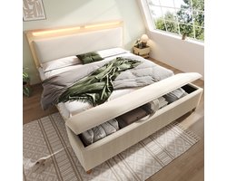 Pugsdrly Houten tweepersoonsbed 140 × 200 cm met bank, hoofdeinde met opbergruimte, ledverlichting en rugleuning bekleed met beige corduroy, inclusief bank met opbergruimte, licht eiken (zonder matras)