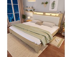 Pugsdrly Houten tweepersoonsbed 160 × 200 cm, hoofdeinde met opbergruimte, ledverlichting en rugleuning bekleed met beige corduroy, bedframe met houten latten, licht eiken (zonder matras en bank)