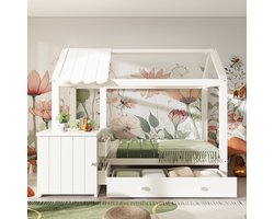 Pugsdrly Huisbed voor kinderen 90 x 200 cm van massief hout met lades en afneembaar nachtkastje - vloerbed in wit, zonder matras