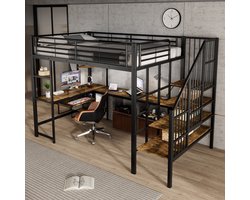 Pugsdrly IJzeren bed, met oplaadaansluiting, comfortabele en veilige hoektrap, bureau met toetsenbordlade en opbergruimte, ijzer + MDF, zwart + donker, 120 x 200 cm