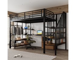 Pugsdrly IJzeren bed, zijladder met leuning, met oplaadaansluiting, met kledinghanger, opbergruimte en twee kantelbeveiligingen, ijzer + MDF, zwart + donker, 120 x 200 cm