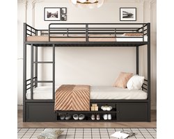 Pugsdrly IJzeren stapelbed 90x200 cm geschikt voor kinderen en tieners met zijladder valbeveiliging open schoenenkast kleine opbergkast met dubbele deuren zwart