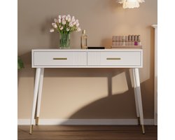 Pugsdrly Kaptafel, make-uptafel, bureau met 2 lades, metalen poten, wit, afmetingen: H 76 cm × B 100 cm × D 40 cm (zonder spiegel)