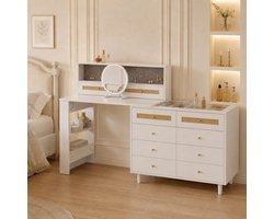 Pugsdrly Kaptafel met sieradenkastje en spiegel, 10 lades, blad van gehard glas en rotan-decor, grote kaptafel met veel opbergruimte, 105 × 50 × 108 cm, wit, voor de slaapkamer en de kleedkamer