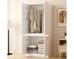 Pugsdrly Kast 70 × 40 × 170 cm, dubbele deur met grote opbergvakken, wit