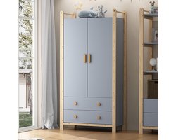Pugsdrly Kast met 2 deuren, kast met kledingroede, 2 lades, geschikt voor slaapkamer, woonkamer, garderobe, van spaanplaat, blauw lichaam + grenen frame, 90 × 45 × 180 cm