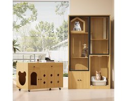 Pugsdrly Kattenvilla + kattenbakmeubel, meubelset voor huisdieren, glazen kattenhuis, kattenbakmeubel, meubel geschikt voor meerdere katten, kleur geel esdoornhout