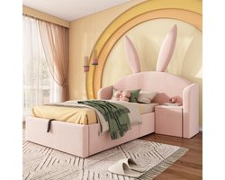 Pugsdrly Kinderbed 90x190 cm roze gestoffeerd bed met opbergruimte & nachtkastje, konijnenoren-design jeugdbed van fluweel, meisjesbed (zonder matras)
