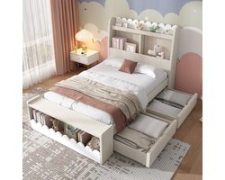Pugsdrly Kinderbed eenpersoonsbed met opbergruimte, laden, plank en bank met opbergruimte, houten bed 90x200 cm, bedframe en lattenbodem van hout, wit met eikenkleur (zonder matras)