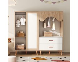 Pugsdrly Kinderkast, kast met schuifdeuren + open kast, gecombineerde set, set voor kinderkamer, gecombineerde meubels, kleurencombinatie wit + naturel hout, hoogte 141,5 cm