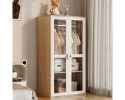 Pugsdrly Kinderkast, kast met twee glazen deuren met kledingroede en uitschuifbare planken, houten handgrepen in de vorm van een koekje, wit + naturel hout, gelakte panelen + spaanplaat, 80 × 50 × 150 cm