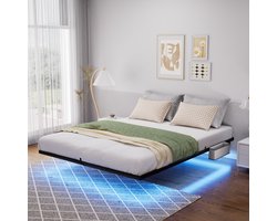 Pugsdrly Klassiek metalen platformbed 140x200 cm met laag profiel, met frame op vloerniveau en sfeerverlichting met ledlampjes. Japans design, zonder hoofdeinde, eenvoudig te monteren, geen lattenbodem nodig, stil in gebruik (zwart, kingsize).