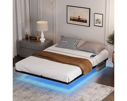 Pugsdrly Klassiek metalen platformbed 160x200 cm met laag profiel, met frame op vloerniveau en sfeerverlichting met ledlampjes. Japans design, zonder hoofdeinde, eenvoudig te monteren, geen lattenbodem nodig, stil in gebruik (zwart, kingsize).