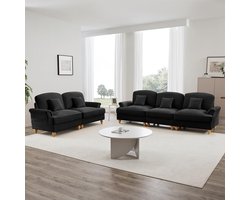 Pugsdrly Klassieke 2-delige modulaire bankenset voor de woonkamer met trechtervormige armleuningen, afneembare rok met ruches en taps toelopende poten – 3-zitsbank en 2-zits loveseat van chenille, zwart