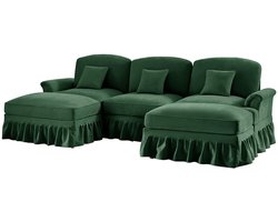 Pugsdrly Klassieke modulaire bank in chenille in U-vorm met trechtervormige armleuningen, afneembare rok met ruches, taps toelopende poten en verplaatsbare poef - Zachte, diepe bank voor de woonkamer, groen