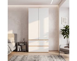 Pugsdrly Kledingkast met opbergvak bovenin, garderobekast, 90 x 50 x 200 cm, met 1 kledingstang, 2 lades en 2 deuren, moderne hoge kast voor de slaapkamer, hal, kinderkamer of kantoor (eiken/wit)