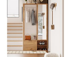 Pugsdrly Kledingkasten 100*33*190 cm met vestibule, 6-in-1 halmeubel, voor het ophangen van jassen, vestibulekast met droogrek, kledingkast en spiegel, breedte 100 cm, kast met onderdeur, houtkleur