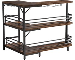 Pugsdrly L-vormige bartafel, bistrotafel met 3 niveaus, plank, flessenrek en glazenhouder, industriële hoektafel voor keuken, woonkamer, industrieel design, rustiek bruin