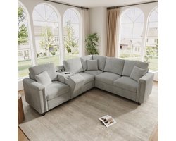 Pugsdrly L-vormige hoekbank van chenille-stof met opbergconsole, bekerhouders, USB/Type-C-oplaadaansluitingen en leeslampje, 5-zitsbank voor de woonkamer, lichtgrijs, 235×208×83 cm