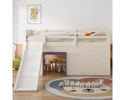 Pugsdrly Laag stapelbed 140 x 200 met glijbaan, drie lades en twee deuren, crème