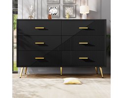 Pugsdrly Ladekast, eetkamermeubel in zwart, eenvoudig en modern, geschikt voor de slaapkamer, woonkamer, eetkamer, driedimensionaal kastdeurontwerp, gouden poten, 6 ruime lades